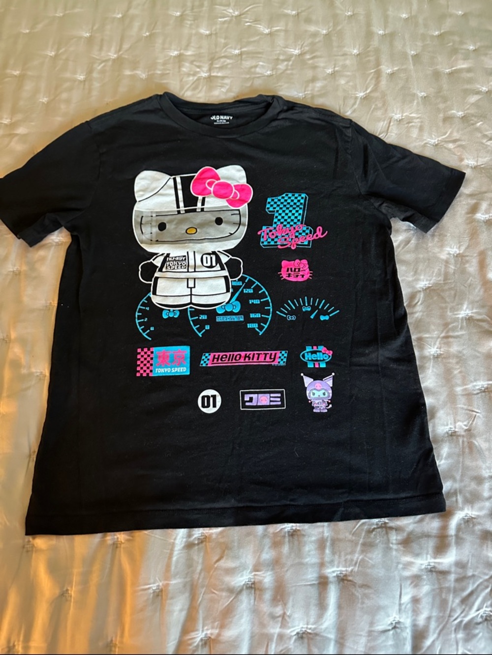 Hello Kitty Black Tee with Pink Bow and Aqua Accents